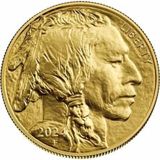 2024 gold coin featuring the profile of a Native American chief, with the word 'Liberty' inscribed. This collectible coin highlights the intricate detail and craftsmanship of precious metal items available at First Person Jewelers