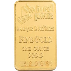 One-ounce gold bar from United PMR, marked 'Fine Gold 999.9.' This solid gold bar highlights the high-quality precious metals offered by First Person Jewelers for collectors and investors.