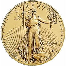 2024 gold coin featuring Lady Liberty holding a torch and olive branch, with 'Liberty' inscribed at the top. This collectible piece showcases the fine craftsmanship and attention to detail found in the precious metal offerings at First Person Jeweler