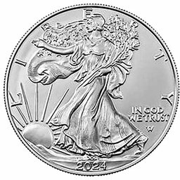 2024 silver coin featuring Lady Liberty walking with the sun rising behind her, inscribed with 'In God We Trust.' This collectible coin is part of the premium precious metal offerings at First Person Jewelers.